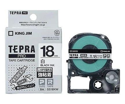 King Jim SS18KW Tepla PRO Tape Cartridge Strong Adhesive Label White with Black Letter 18mm Width x 8m