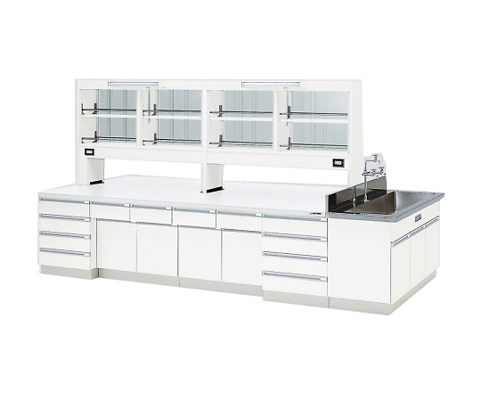 AS ONE 3-3872-04 SAOK-3615W Central Laboratory Bench Wooden White Type, Riser Type, Side Sink, with Reagent Shelf 3600 x 1500 x 800/1870